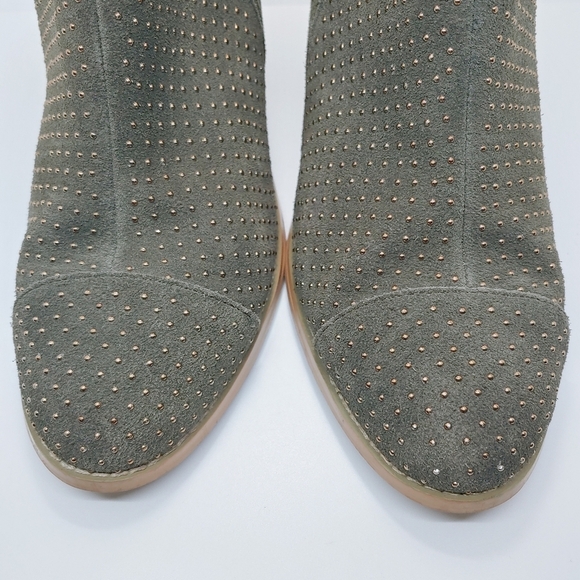 Anthropologie Olive Green Mini Gold Studded Suede Heeled Booties Sz 8 Modern - Picture 4 of 15